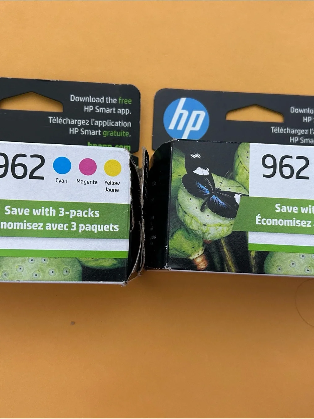 2 boxes HP 962 3 pack cyan magenta yellow printer ink